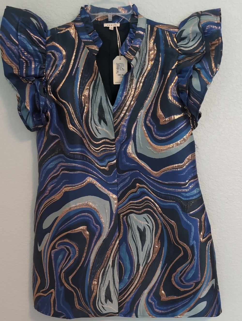 NWT JODIFL Blue Metallic Swirl Puff-Sleeve Mini Cocktail Dress